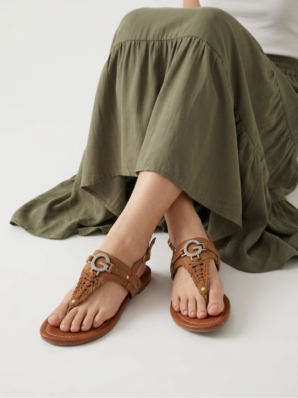 Guess Women’s Brown Suede Braided T-Strap Sandals with Decorative Buckle